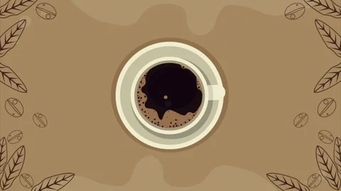 Top view of steaming hot black coffee in white ceramic cup with animated co.. 库存影片 339114739