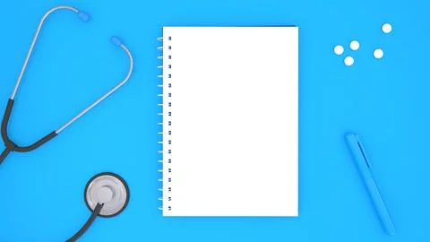 Top view of stethoscope, pills, notepad and pen on isolated blue background.. Stock Illustration