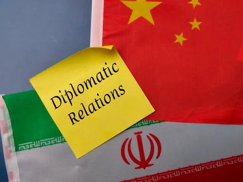 Top view sticky note with the word Diplomatic Relations on a china and indi.. Stock Photos