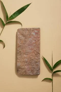 Top view of a stone podium in rectangle shape displayed with fresh green leav Foto stock