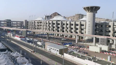 Top view of stoning devils ritual (jamrah) complex Stock Footage 274470636