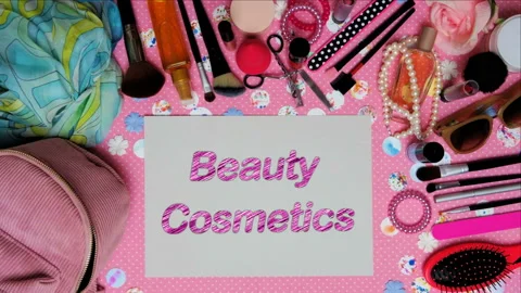 Top view stop motion on the theme of women's makeup accessories with text announ Stock Footage 94314145