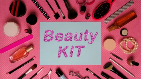 Top view stop motion on the theme of women's makeup accessories with text announ Stock Footage 94452524