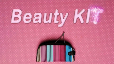 Top view stop motion on the theme of women's makeup accessories with text announ Stock Footage 94497965