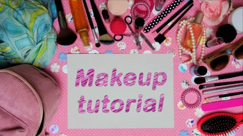 Top view stop motion on the theme of women's makeup accessories with text announ Stock Footage 94669281