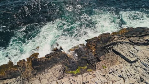 Top View Stormy Waves and Rocky Cliffs - Aerial Nova Scotia Canada Stock Footage 280197256
