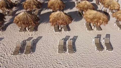 Top view of straw umbrellas and sun beds on a sandy beach at dawn Stock Footage 161084029