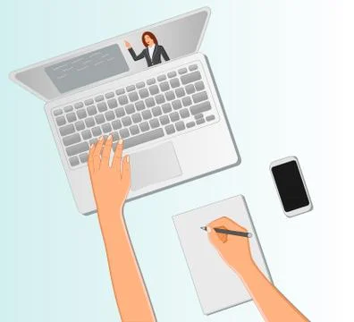 Top view of student on video call with teacher and taking notes Stock Illustration