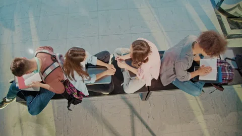 Top View. Students, Gather in Hallway, Discuss Topics, Using a Laptop. Stock Footage 241297787