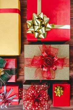 Top view studio shot pattern of colorful paper wrapped present gift boxes wit Stock Photos