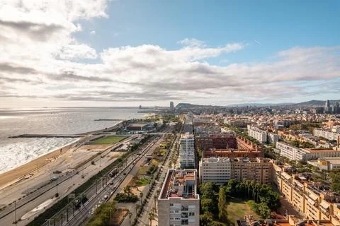 Top view stunning view of Diagonal Mar district in Barcelona with modern urban Stock Photos