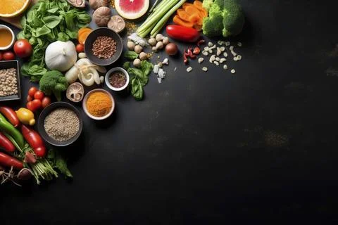  Top view of a stylish black table adorned with a variety of fresh food in... Stockfoto's
