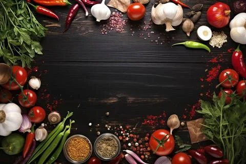  Top view of a stylish black table adorned with a variety of fresh food in... 写真素材