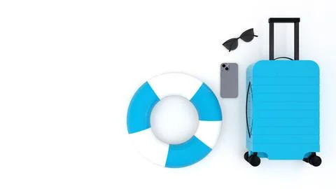 Top view of suitcase, beach accessories on white background. Vacation and hol Stock Illustration