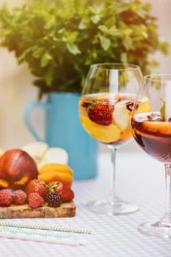 Top view of summer dinks, fruit cocktails on white wood table wi Stock Photos