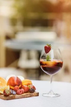 Top view of summer dinks, fruit cocktails on white wood table wi Stock Photos