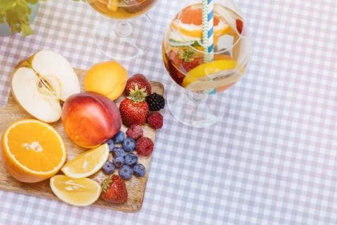 Top view of summer dinks, fruit cocktails on white wood table wi Stock Photos