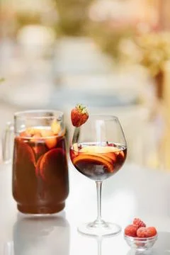 Top view of summer dinks, fruit cocktails on white wood table wi Stock Photos