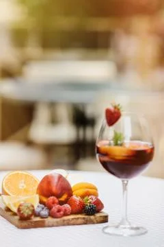 Top view of summer dinks, fruit cocktails on white wood table wi Stock Photos