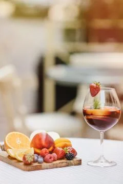 Top view of summer dinks, fruit cocktails on white wood table wi Stock Photos