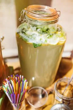 Top view of summer dinks, fruit cocktails on white wood table wi Stock Photos