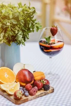 Top view of summer dinks, fruit cocktails on white wood table wi Stock Photos
