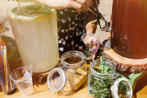 Top view of summer dinks, fruit cocktails on white wood table wi Stock Photos