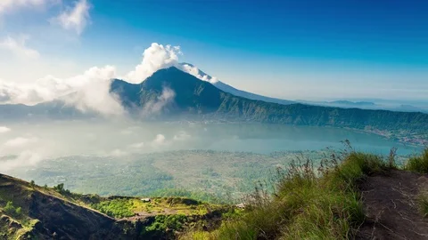 Top view: sunrise on active volcano Gunung Batur Stock Footage 75701229