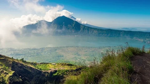 Top view: sunrise on active volcano Gunung Batur Stock Footage 75714582