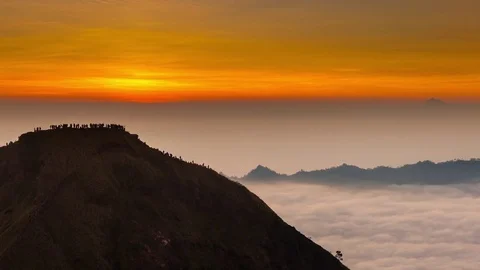 Top view: sunrise on active volcano Gunung Batur Stock Footage 75726693