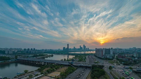 Top view Sunset with Traffic . 63 building Stock Footage 196563716