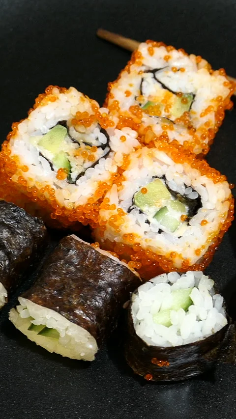 Top View Of Sushi Rolls Moving Left To Right On A Slider Stock Footage 304416678