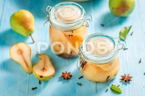 Top view of sweet and tasty pickled pears Stock Photos