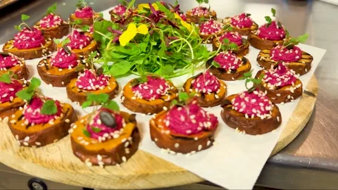 Top View Of Sweet Potato With Beetroot hummus, Vegan Food Stock Footage 237938191