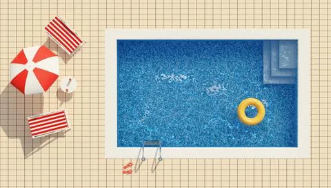 Top view of a swimming pool, deck chairs and umbrella. Summer concept. 3d ill Stock Illustration