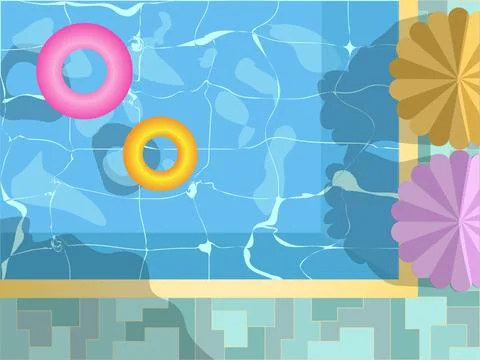 Top View of Swimming Pool with Inflatable Rings and Poolside Umbrellas Illustrazione stock