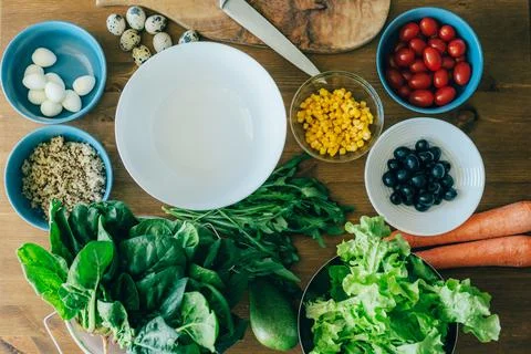 Top view on the table are ingredients vegetables and herbs for cooking healthy Stock Photos