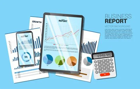 Top view table business report in mobile phone and tablet with paper and calc Illustrazione stock