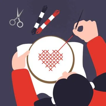 Top view of a table with cross stitching hands. illustration of sewing workshop Stock Illustration