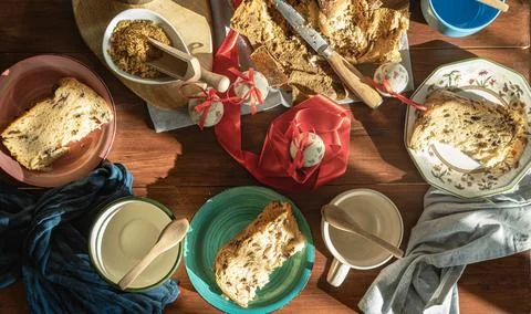 Top view of a table decorated with panettone for an afternoon snack or Chri.. Stock Photos