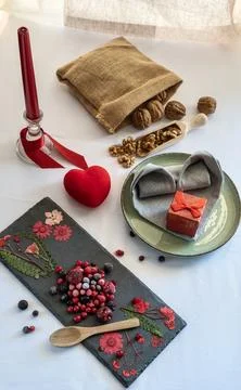 Top view of a table decorated for a romantic meal or breakfast. Concept of .. Stock Photos