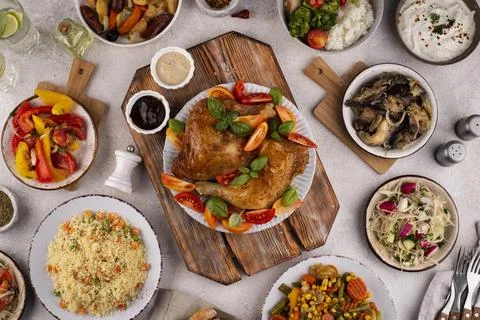 Top-view-table-full delicious food composition Stock Photos