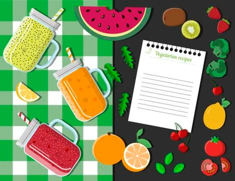 Top view of a table with glasses of smoothies, fruits, vegetables and berries Stock Illustration