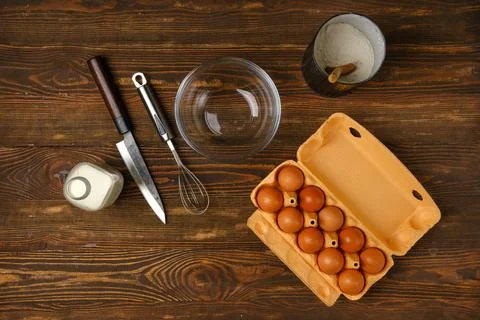 Top view of table with ingredients for scrambled egg Stock Photos