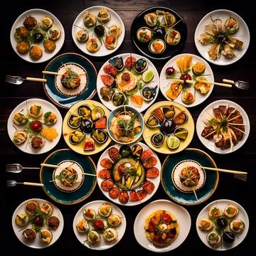 Top view of a table with lots of prepared Asian dishes Stock Illustration
