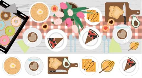 Top view of a table with lunch or Breakfast for two. Vector illustration of a Stock Illustration