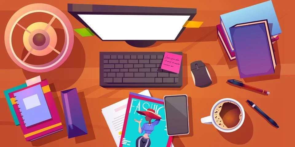 Top view on table with messy workplace. Stock Illustration