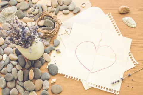Top view on the table. Note HEART to the Valentine's Day. Stock Photos