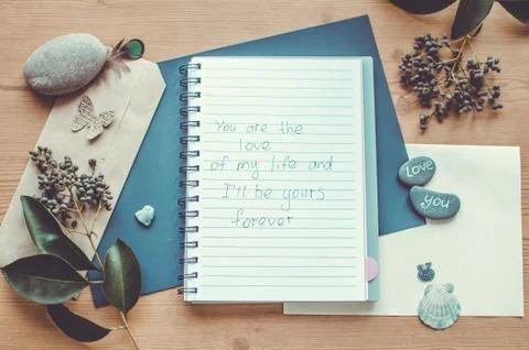 Top view on the table. Note to the Valentine's Day. Love letter. Stock Photos