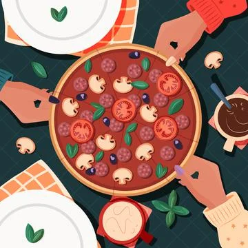 Top view of table with pizza and friends sharing. People taking slices Stock Illustration
